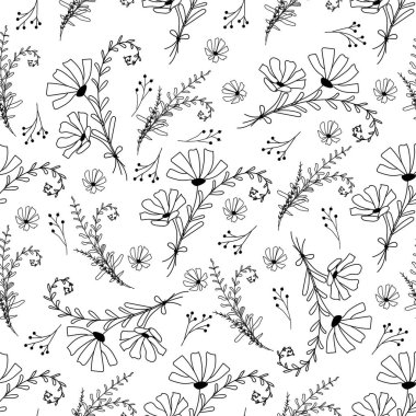 Doodle tarzı yabani çiçekler ve otlar. El yapımı elementler. Beyaz arka planda izole edilmiş bitkisel dikişsiz desen.