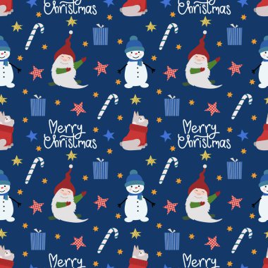 Kusursuz bir Noel deseni. Düz çizgi film çizimi beyaz arkaplanda izole edildi.