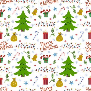 Kusursuz bir Noel deseni. Düz çizgi film çizimi beyaz arkaplanda izole edildi.