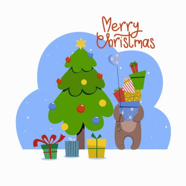 Noel zamanı. Düz çizgi film tarzı çizim. Noel ağacı ve hediyeli ayı..