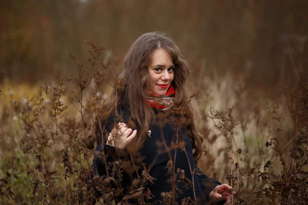Közepén őszi hosszú barna göndör haj lány — Stock Fotó