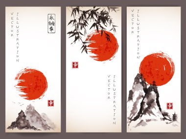 red sun and bamboo trees.