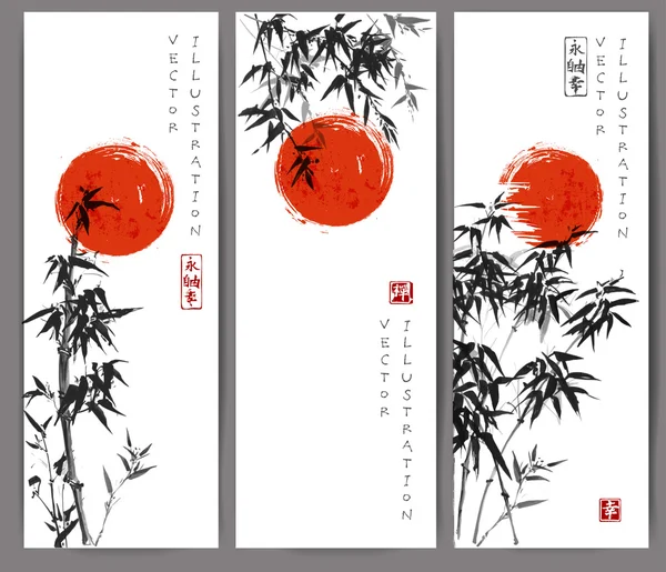red sun and bamboo trees.