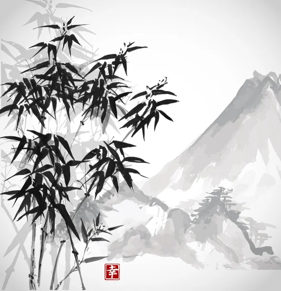 Tarjeta con bambú y montaña — Archivo Imágenes Vectoriales
