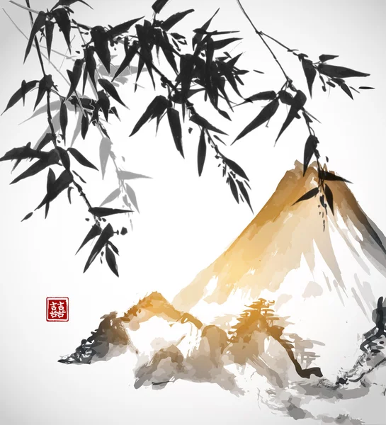 Tarjeta con bambú y montaña — Vector de stock