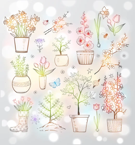 Collection of doodle sketch garden flowers — Stock Vector