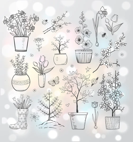 Coleção de doodle esboço flores do jardim — Vetor de Stock