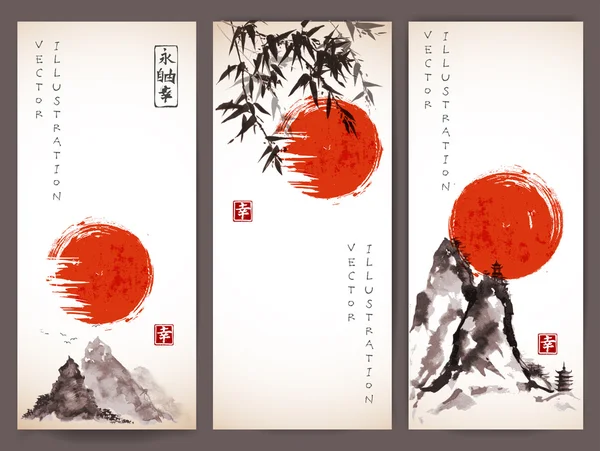 Red sun and bamboo trees. Stock Ilustrace