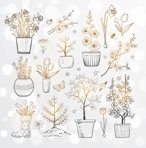 Collection of doodle sketch garden flowers — Stock Vector