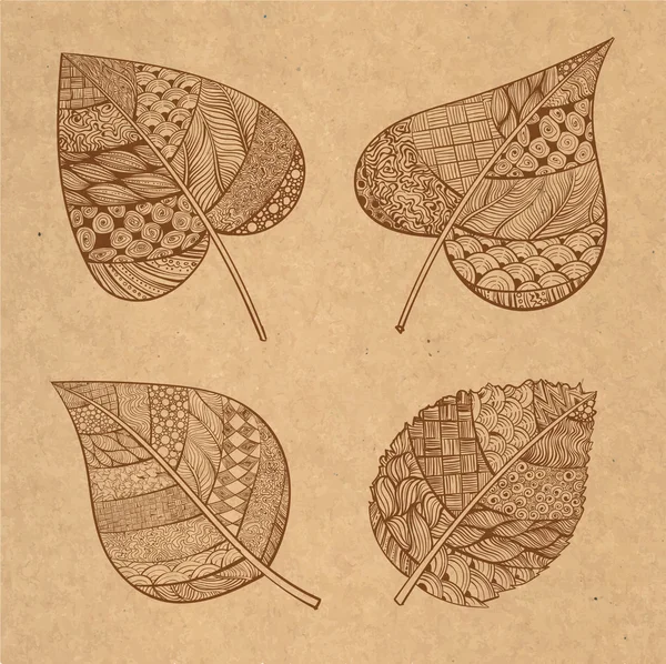 Conjunto de folhas em estilo zentangle — Vetor de Stock