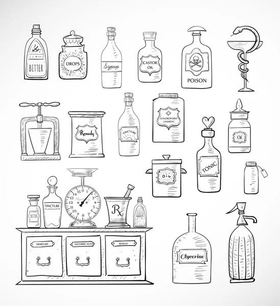 Sketches of vintage drugstore objects — Stock Vector