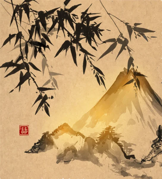 Бамбуковые деревья и горы Фудзи — стоковый вектор