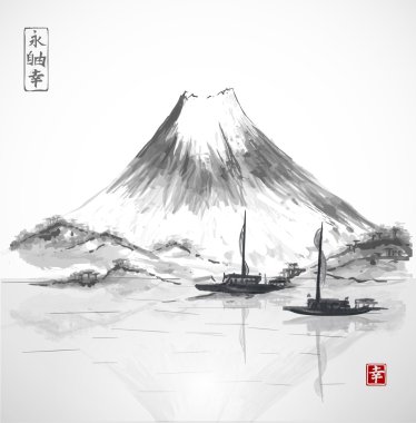 İki balıkçı tekneleri ve: Fujiyama dağ.
