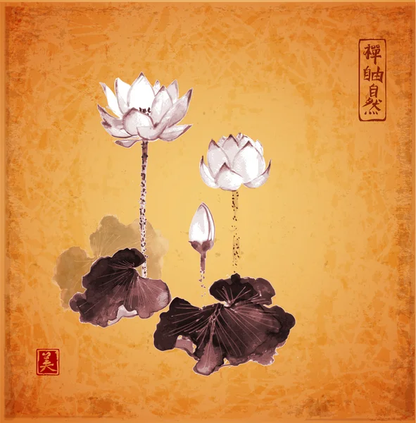 Flores de loto dibujadas a mano con tinta — Vector de stock