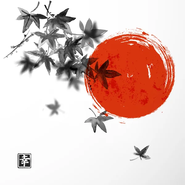 Hojas de arce japonés y sol rojo — Vector de stock