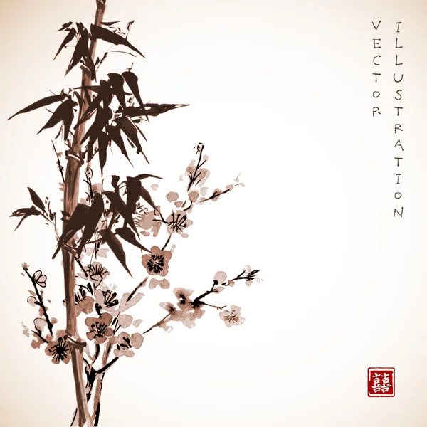 Bamboe en sakura in bloei — Stockvector