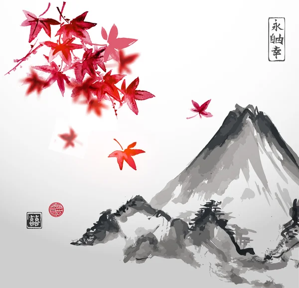 Japanese maple leaves and Fujiyama mountain Royalty Free Stock Vectors