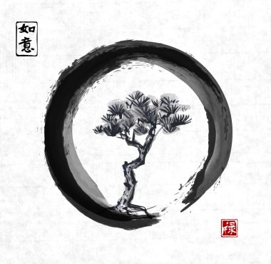 Siyah enso zen daire içinde ağaç