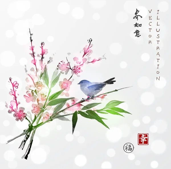 Sakura en fleur et branche de bambou — Image vectorielle
