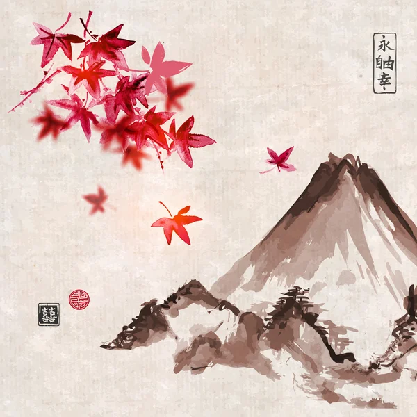 Red japanese maple and Fujiyama mountain Stock Illustration