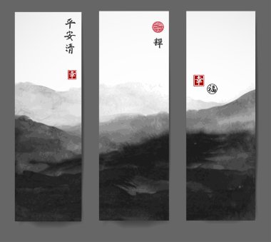 Oryantal dağ manzarası ile Afişler