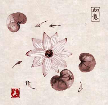 Lotos çiçekleri ve küçük balıklar 