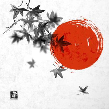 Japonca akçaağaç yaprakları ve Kızıl güneş