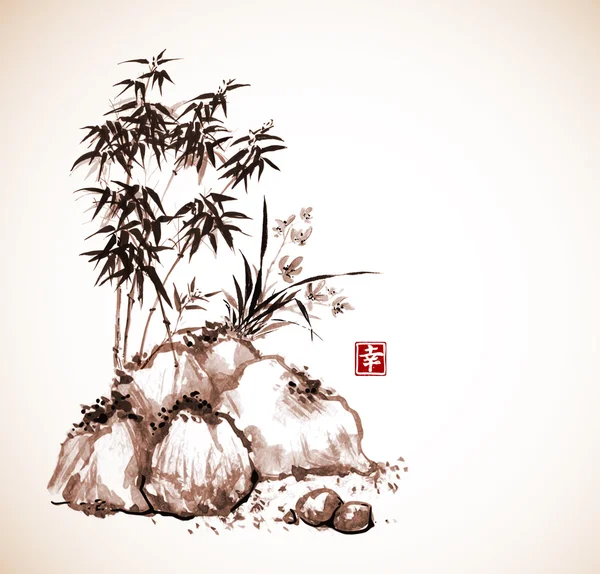 Petit bambou et orchidée sauvage — Image vectorielle