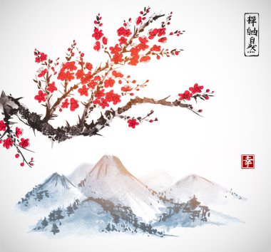 Sakura in blossom and mountains clipart