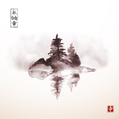 Sisin içinde çam ağaçları ile ada