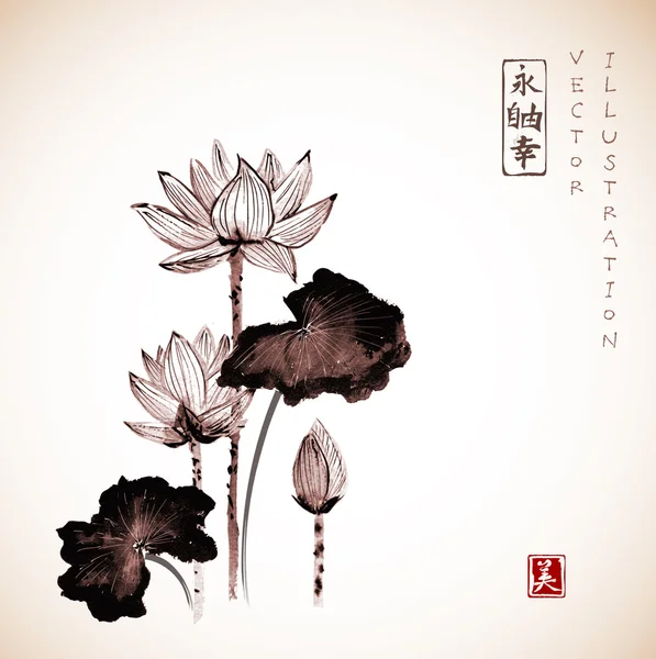 Tinta japonesa tradicional flores de lótus — Vetor de Stock