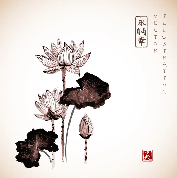 Tinta japonesa tradicional Flores de loto — Vector de stock