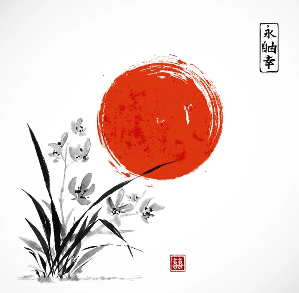 Orchidée sauvage et soleil rouge — Image vectorielle