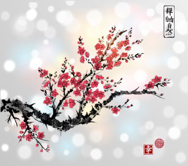 Arka planda çiçek açan sakura.