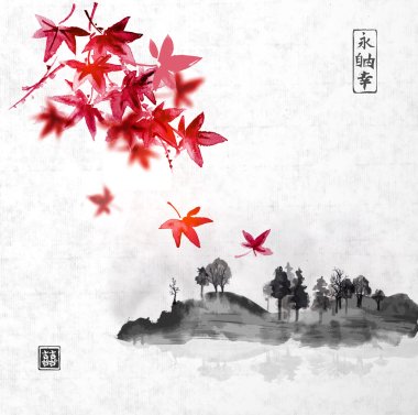 Red japanese maple leaves and island clipart