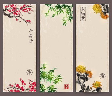 Çiçek açması sakura ile üç afiş