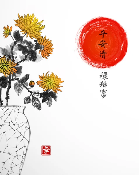 Japanse vaas met bloemen van de chrysant — Stockvector