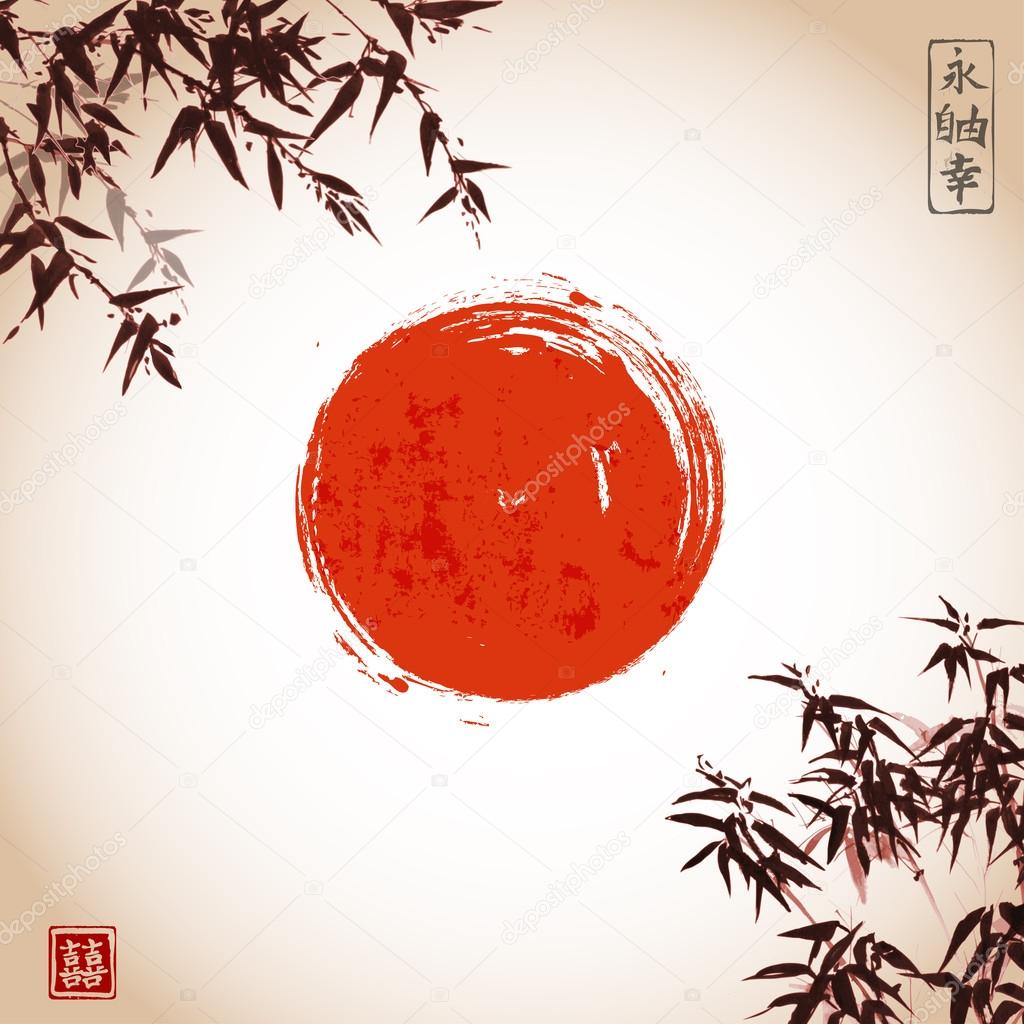 Bamboo leaves and red sun 