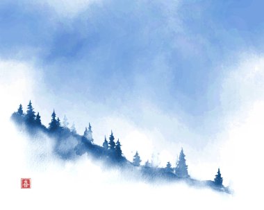 Sis ve mavi gökyüzünde çam ağaçları olan bir dağ yamacı. Geleneksel oryantal mürekkep boyası sumi-e, u-sin, go-hua. Hiyeroglifin çevirisi - neşe.