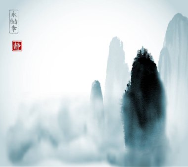 Orman ağaçlı yüksek mavi sisli dağlar. Geleneksel oryantal mürekkep boyası sumi-e, u-sin, go-hua tarzı. Hiyeroglifler - sonsuzluk, özgürlük, mutluluk, sessizlik.