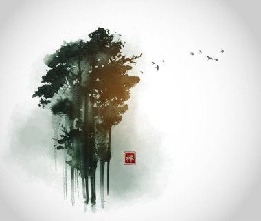 Yüksek yeşil orman ağaçları ve sisli kuş sürüsü. Geleneksel oryantal mürekkep boyası sumi-e, u-sin, go-hua. Hiyeroglifin çevirisi - zen.