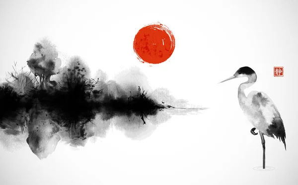 Ink Wash Painting Heron Big Red Sun Misty Island Forest — Stock Vector