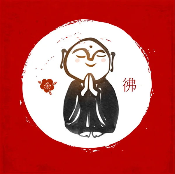 Pittura Inchiostro Preghiera Giapponese Boddhisattva Jizo Cerchio Bianco Sfondo Rosso — Vettoriale Stock