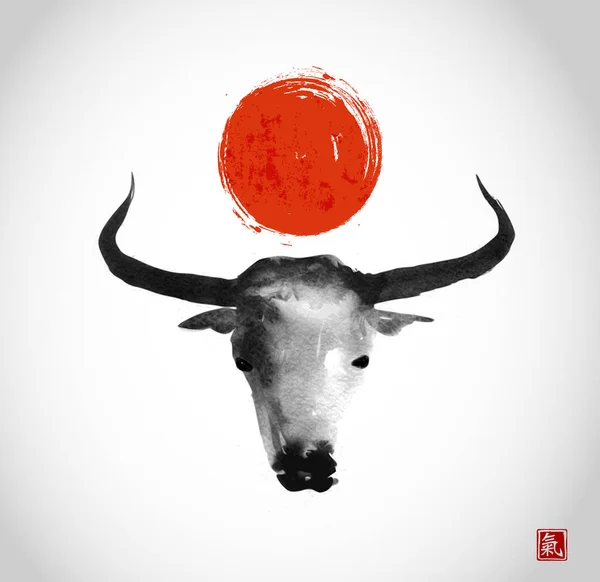 Ink Wash Painting Big Red Sun Bull Head Traditional Oriental — Stock Vector