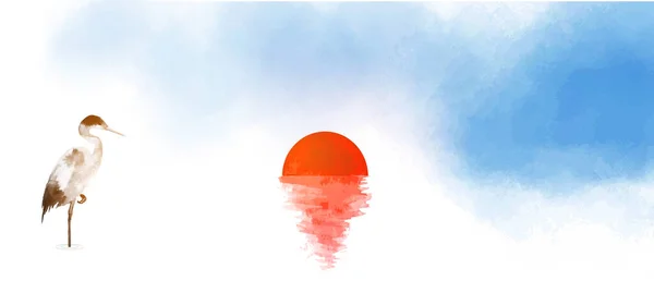 Héron Lever Soleil Sur Surface Eau Calme Peinture Encre Orientale — Image vectorielle