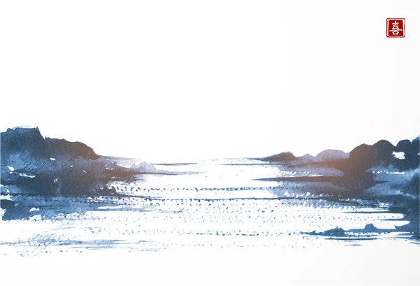 Paysage Bleu Avec Vue Sur Lac Dans Style Asiatique Dessiné — Image vectorielle