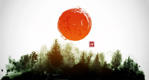Mürekkep Yıkama Ormanı Sumi Mürekkebiyle Çizilmiş Büyük Kırmızı Güneş Eli — Stok Vektör