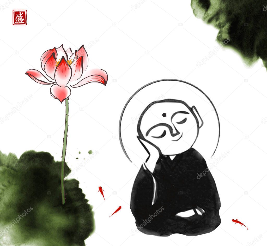 Ink painting of praying japanese boddhisattva Jizo and lotus flower. Traditional Japanese ink wash painting of Buddha sumi-e. Translation of hieroglyph - bloom.