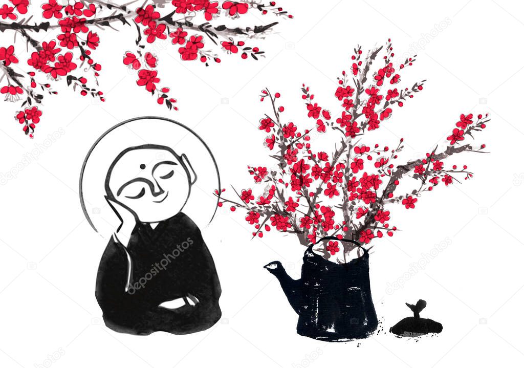 Ink painting of two praying japanese boddhisattva Jizo and sakura blossom. Traditional Japanese ink wash painting of Buddha sumi-e.