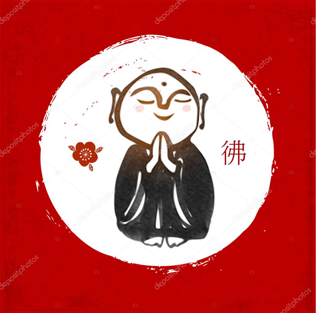 Ink painting of praying japanese boddhisattva Jizo in white circle on red background. Traditional Japanese ink wash painting of Buddha sumi-e. Translation of hieroglyph - buddha.
